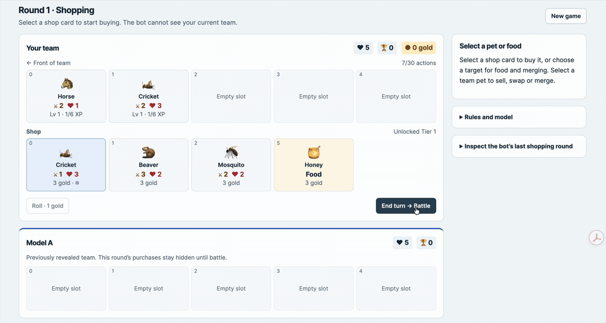A two-times-speed recording of a human playing against model A in the emoji arena.