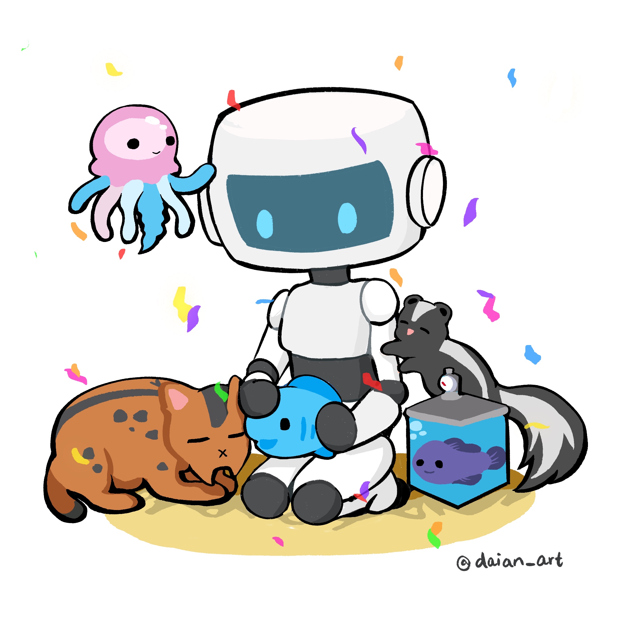 Dianne's illustration of a friendly robot surrounded by colorful pets and confetti