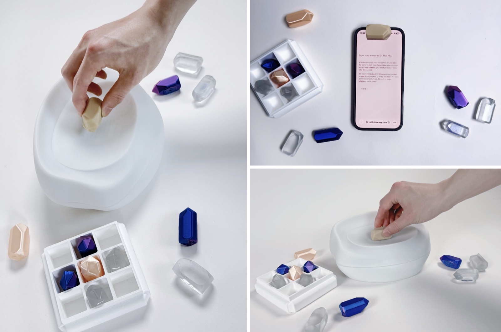Wishstone tangible generative voice keepsake with physical stones, charging base, and mobile interface